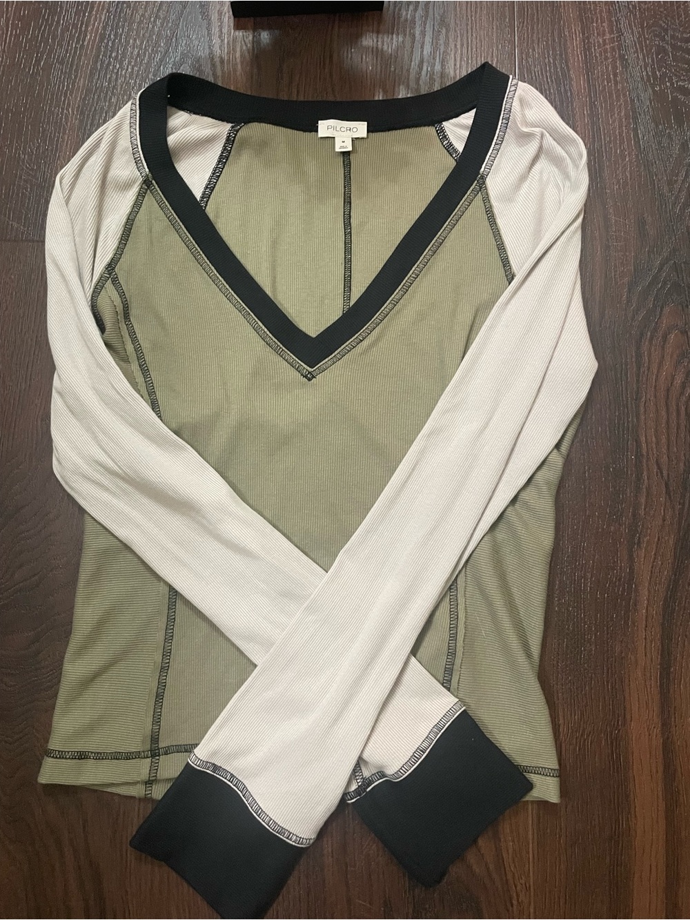 Pilcro Olive and Cream V-Neck Long Sleeve Top with Black Trim